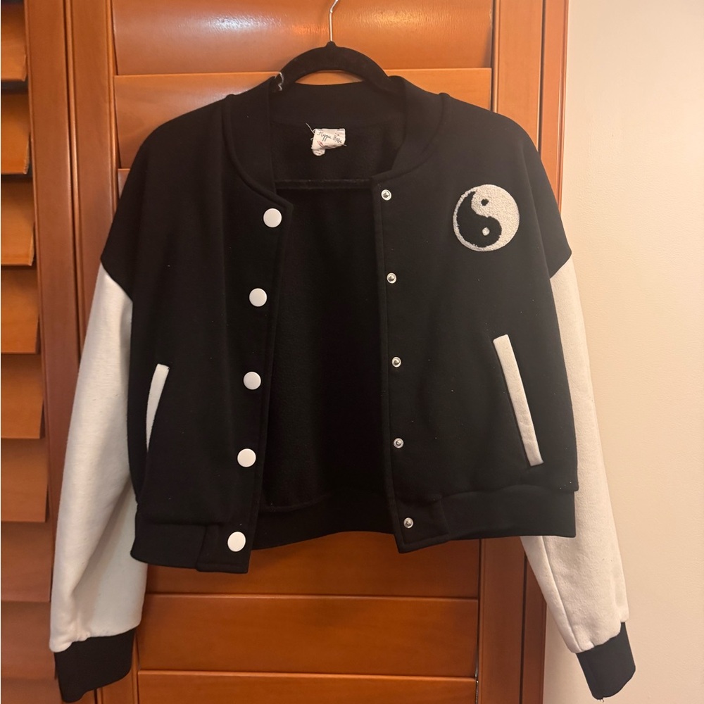 Hippie Rose Black and White Varsity Jacket with Ribbed Details